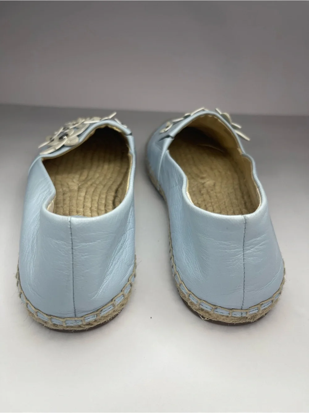 Michael Kors Light Blue Leather Lola Espadrilles size 36 Floral Appliqué